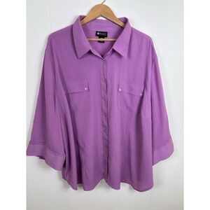 Maggie Barnes Shirt Women 32W Button Front Lilac Purple 3/4 Roll Tab Sleeve‎